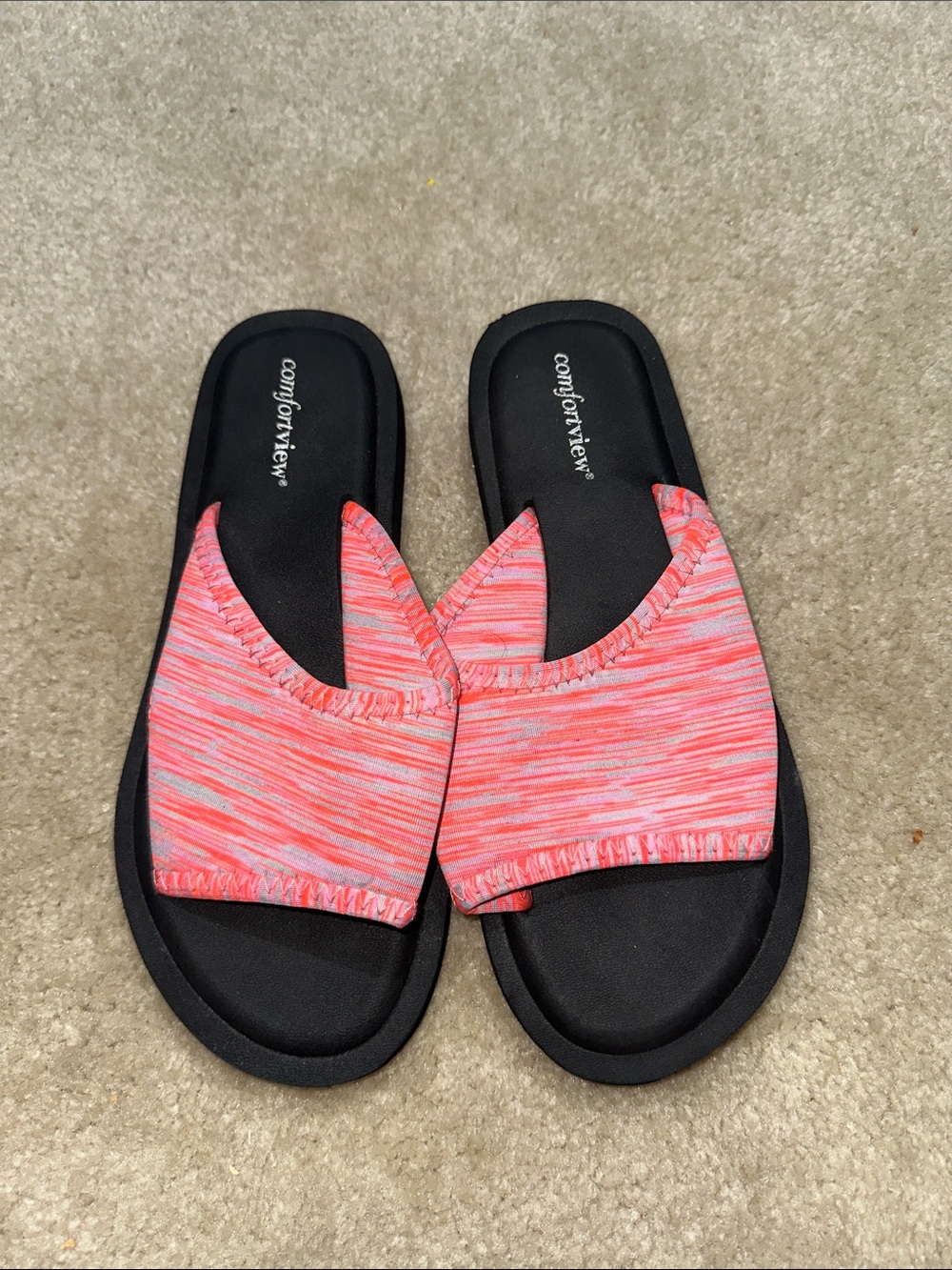 comfortview Coral-Pink Slide Sandals with Black Footbed